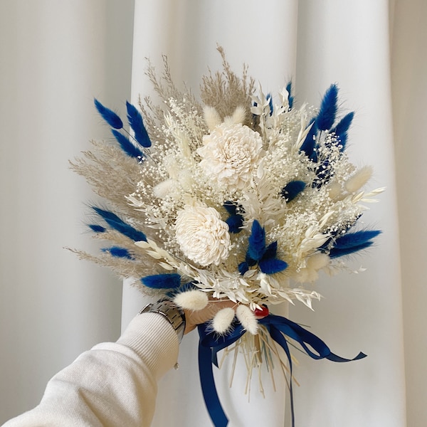 Boho wedding bridal bouquet pampas grass dried flower preserved bouquet deep blue white taupe navy wood flower bouquet  bridesmaid bouquet