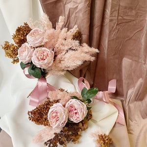 Rust wedding bouquet pink silk flowers bridal bouquet boho bouquet bridesmaid bouquet fake roses hydrangea dried flowers bouquet image 3