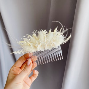 Pente de cabelo boho com flores secas reais, pente branco para damas de honra, flor seca para casamento, acessório de presilha de cabelo