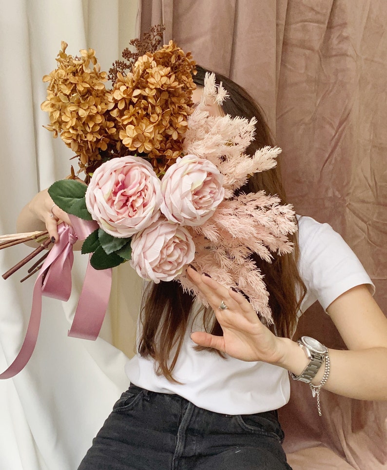 Rust wedding bouquet pink silk flowers bridal bouquet boho bouquet bridesmaid bouquet fake roses hydrangea dried flowers bouquet image 2