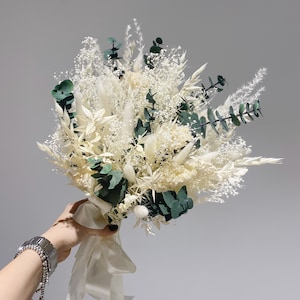 Preserved white dried flowers bouquet eucalyptus bouquet bridal boho wedding cream and green bouquet bridesmaid bouquet