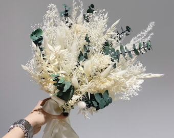 Preserved white dried flowers bouquet eucalyptus bouquet bridal boho wedding cream and green bouquet bridesmaid bouquet