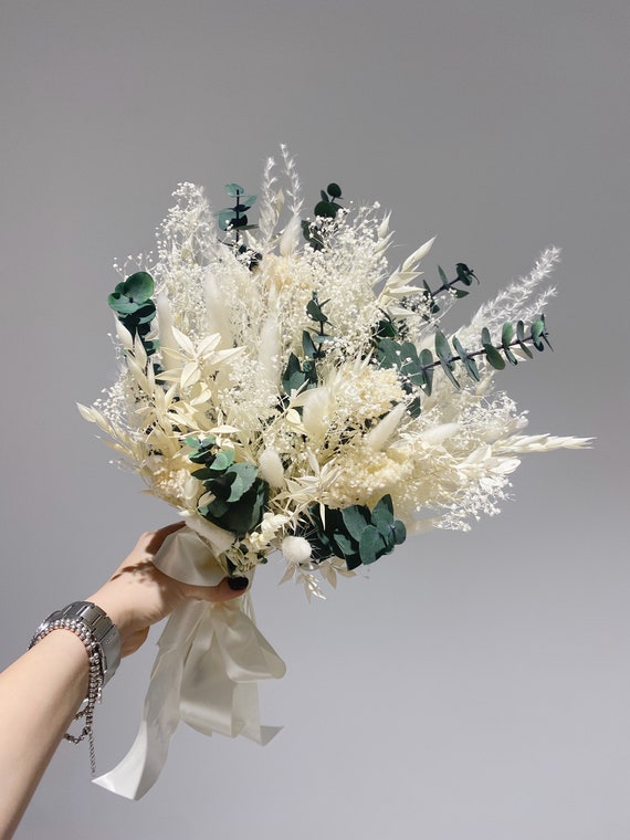 Preserved White Dried Flowers Bouquet Eucalyptus Bouquet - Etsy