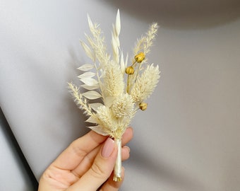 Dried flowers boutonniere boho white beige taupe preserved groom accessories for men mini dried bouquet