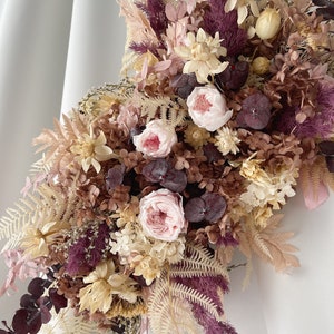Wedding flowers arch purple dried flowers boho wedding decor arbor rustic bohemian decorations wall roses autumn brown pink beige eucalyptus
