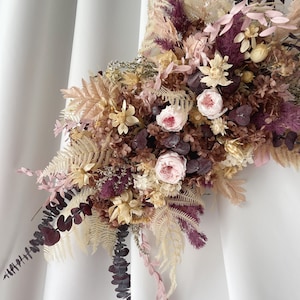 Wedding flowers arch dried flowers boho wedding decor arbor rustic bohemian decorations wall roses autumn brown pink beige eucalyptus