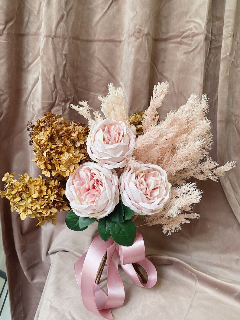 Rust wedding bouquet pink silk flowers bridal bouquet boho bouquet bridesmaid bouquet fake roses hydrangea dried flowers bouquet image 9