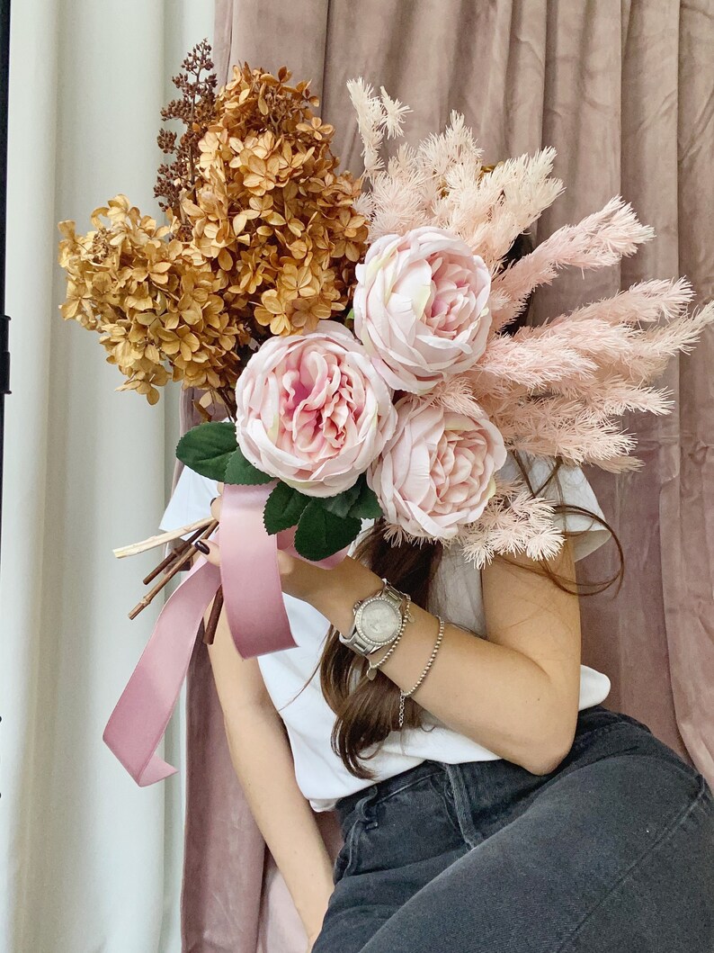 Rust wedding bouquet pink silk flowers bridal bouquet boho bouquet bridesmaid bouquet fake roses hydrangea dried flowers bouquet image 7