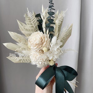 Boho-style preserved bridesmaid bouquet, palm leaves, eucalyptus and sola wood flowers elegant boho wedding bouquet dried flowers