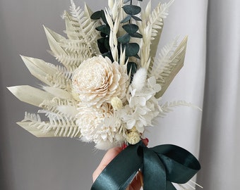 Boho-style preserved bridesmaid bouquet, palm leaves, eucalyptus and sola wood flowers elegant boho wedding bouquet dried flowers