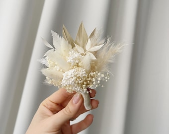 Boho Boutonniere für Männer: Weiß beige Bräutigam Accessoires Anstecknadel, rustikale Hochzeits Accessoires, Corsage und Boutonniere Set Abschlussball Knopfloch