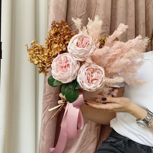 Rust wedding bouquet pink silk flowers bridal bouquet boho bouquet bridesmaid bouquet fake roses hydrangea dried flowers bouquet image 5