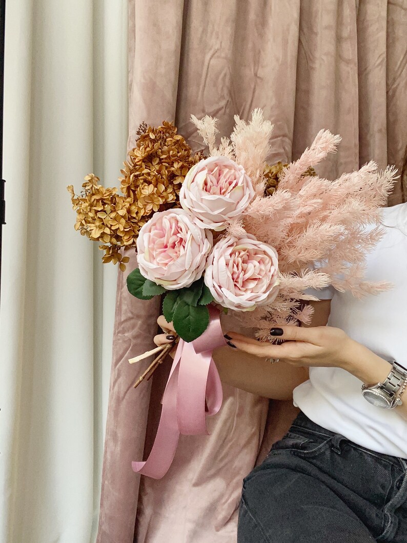 Rust wedding bouquet pink silk flowers bridal bouquet boho bouquet bridesmaid bouquet fake roses hydrangea dried flowers bouquet image 5