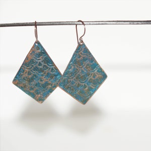 Etched Copper Dangle Earrings, Statement Jewelry, Gifts for her, Patina Earrings, Boho Jewelry