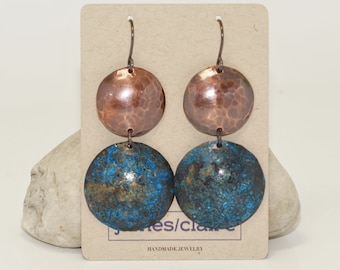 Handmade Copper & Brass Blue Patina Earrings, Statement Dangle Earrings, Gifts for her, Anniversary Gift, Colorful Jewelry