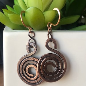Handmade Copper Spiral Earrings, Hand Forged Jewelry, Unique Statement Earrings