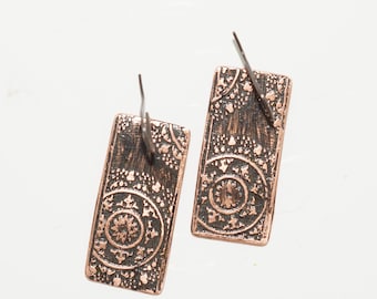 Copper Etched Painted Earrings, Dangle Earrings, Art Deco earrings, Gifts for her, Minimalist Earrings