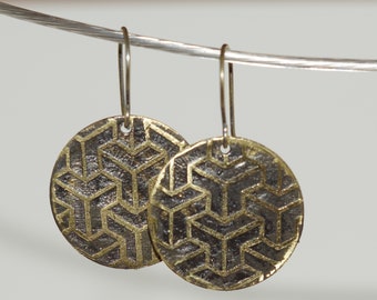 Messing geëtste geschilderde oorbellen, messing bengelen oorbellen, art deco oorbellen, geschenken voor haar