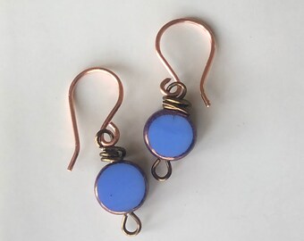 HandmadeWire Wrap Bead Earrings, Blue Statement Earrings, Forged Jewelry