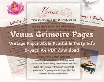 May include: A printable vintage paper style guide with information about the Roman goddess Venus. The text includes the title "Venus Grimoire Pages", "Vintage Paper Style Printable Deity Info", and "5-page A4 PDF download". The image also includes a watercolor illustration of a pink lotus flower and a white dove.