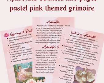 Pastel Pink Aphrodite grimoire pages download | Greek goddess information for beginner witches & pagans | A4 printable digital PDF download