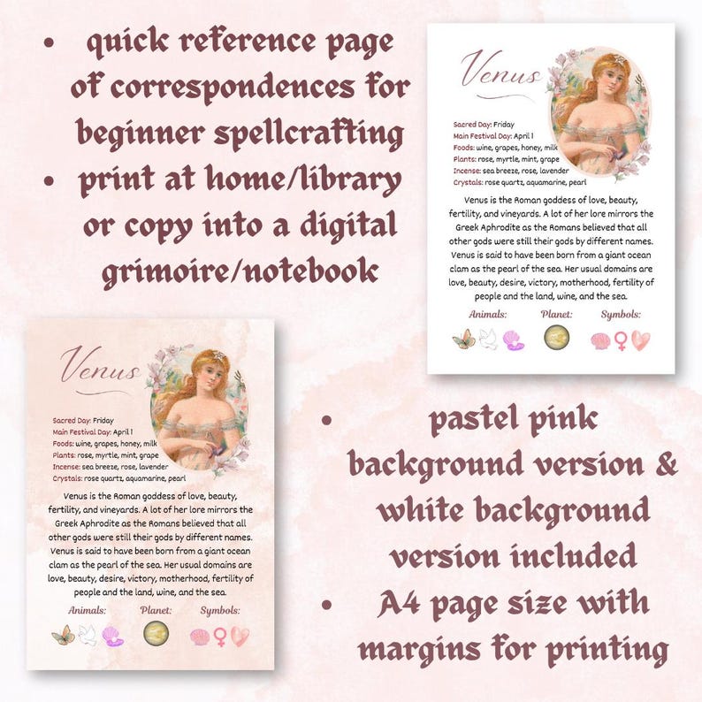 goddess-venus-infographic-reference-page-for-witchcraft-grimoire-a4