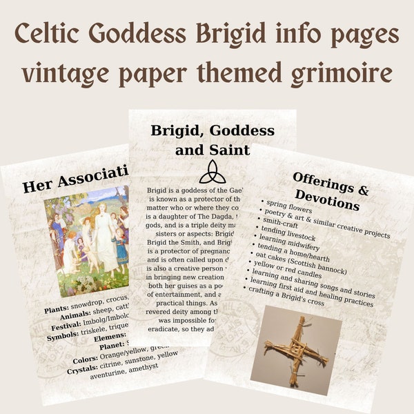 Goddess Brigid grimoire info pages instant download | Celtic goddess printable grimoire pages with vintage paper design