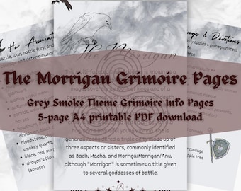 Páginas de referencia del Grimorio de Morrigan para brujas principiantes, temática de humo gris (PDF A4 imprimible)