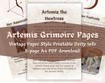 Artemis Goddess Grimoire Reference Pages for Beginner Witches (A4 Printable PDF)