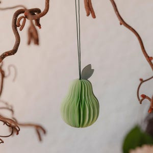 Könnte beinhalten: Ein hellgrüner Papier-Birnen-Ornament mit einem grauen Blattdetail, das an einer schwarzen Schnur hängt. Die Birne besteht aus geschichtetem Papier, wodurch ein struktureller Effekt entsteht. Zweige und Äste sind im Hintergrund.