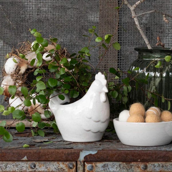 Übertopf Huhn - cremeweiß