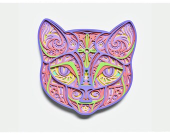Cat Head Layered Design for cutting, Cat Head files for laser and paper cut, Cat Head Vector SVG Mandala for Cricut, Glowforge, etc.