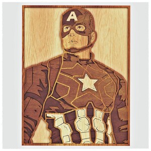 May include: A wood-carved portrait of Captain America, a superhero wearing a red, white and blue costume with a star on his chest. The image is in a wooden frame.
