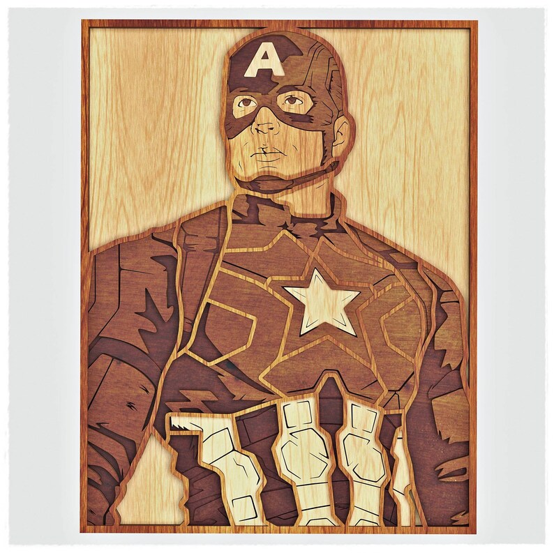 May include: A wood-carved portrait of Captain America, a superhero wearing a red, white and blue costume with a star on his chest. The image is in a wooden frame.