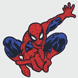 May include: A red and blue cartoon illustration of Spider-Man in a web-slinging pose.