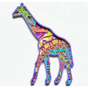May include: A colorful paper cut-out of a giraffe with a purple outline. The giraffe is decorated with intricate mandala patterns in shades of orange, yellow, green, and blue.