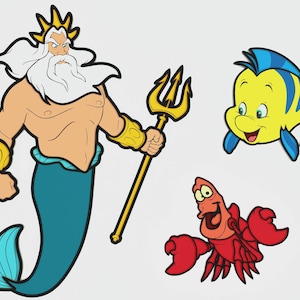 Könnte beinhalten: Cartoon-Illustrationen von Charakteren aus einem beliebten Animationsfilm. Enthält König Triton mit einem goldenen Dreizack, einen gelben Fisch mit blauen Akzenten und eine rote Krabbe mit großen Scheren. Die Charaktere sind schwarz umrandet.