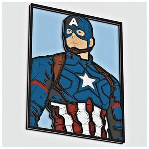 May include: A framed illustration of Captain America, a superhero wearing a blue, red and white costume with a star on his chest. The illustration is in a black frame with a blue background.