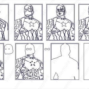 May include: A black and white line drawing of a superhero character with a star on their chest. The character is shown in different poses and stages of completion.