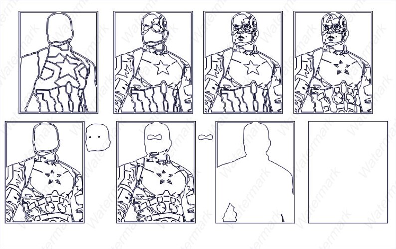 May include: A black and white line drawing of a superhero character with a star on their chest. The character is shown in different poses and stages of completion.