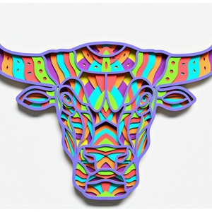 Bull Head Layered Design for cutting, Vector file for laser and paper cut, Bull Head Vector SVG Mandala for Cricut, Glowforge, etc.