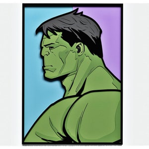 May include: A green cartoon illustration of the Hulk, a superhero, with a blue and purple background.