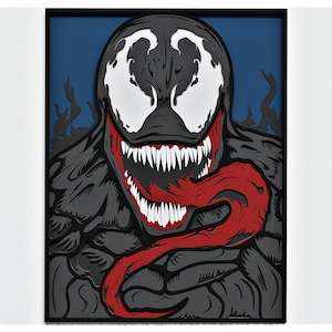 Könnte beinhalten: Nahaufnahme eines schwarzen und weißen Papier-Ausschnitts von Venom, einer fiktiven Figur aus Marvel Comics. Die Figur hat ein breites, zahniges Grinsen und eine rote Zunge. Der Hintergrund ist dunkelblau.