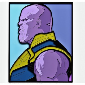 Puede incluir: Una ilustración de Thanos, un personaje del Universo Cinematográfico Marvel, en morado y amarillo. Se le representa de perfil, con una expresión seria y el mentón apoyado en la mano.