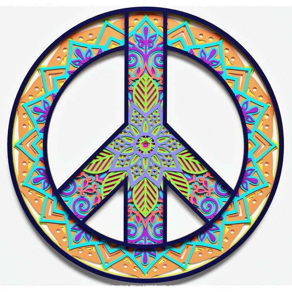 Peace Sign Gelaagd Ontwerp voor snijden, Peace Sign Mandala voor laser en papier snijden, Peace Sign Vector SVG Mandala voor Cricut, Glowforge, etc.