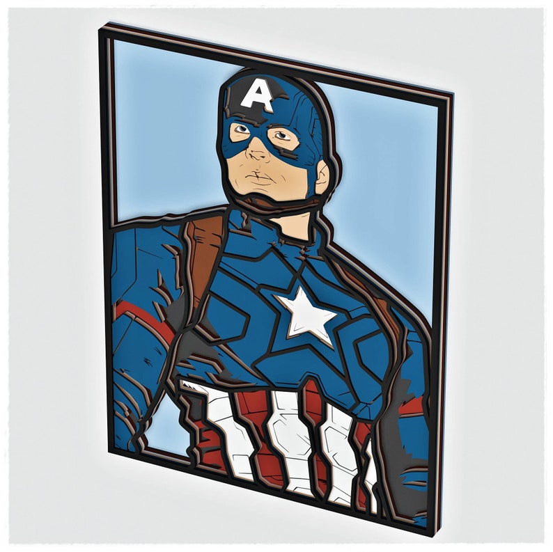 May include: A framed illustration of Captain America, a superhero wearing a blue, red and white costume with a star on his chest and the letter "A" on his helmet.