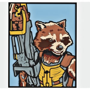 以下が含まれることがあります： ガーディアンズ・オブ・ギャラクシーのロケット・ラクーンの漫画イラスト。彼は茶色と黄色のジャンプスーツを着て、大きく、灰色と黄色の銃を持っています。背景は薄い青色です。