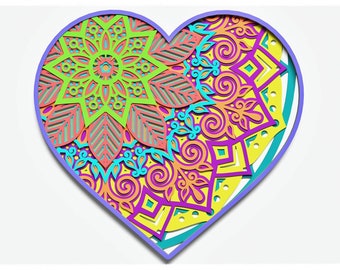 Heart Mandala Layered Design per il taglio, Heart Mandala per il taglio laser e carta, Heart Mandala Vector SVG Mandala per Cricut, Glowforge, ecc