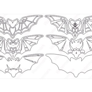 May include: A set of four black and white bat cutouts. The bats have different wing shapes and sizes. The bats are ideal for Halloween decorations.