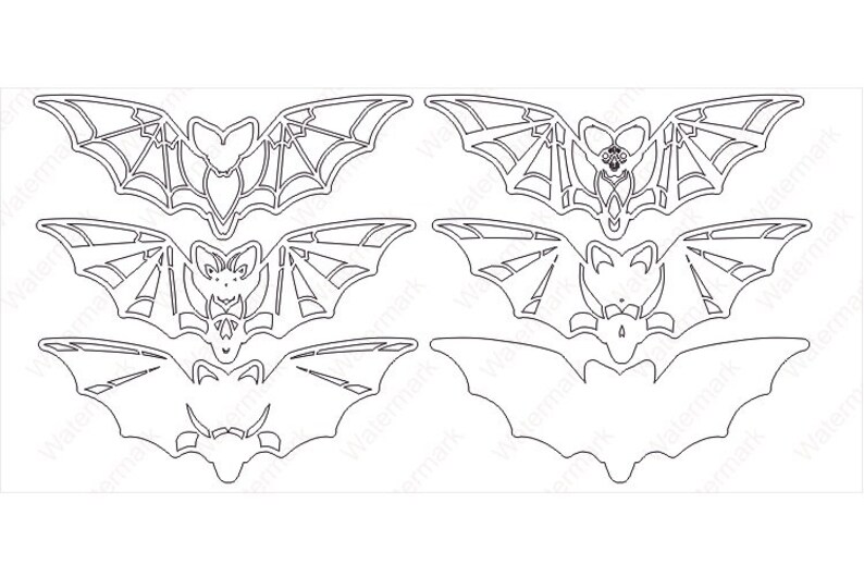 May include: A set of four black and white bat cutouts. The bats have different wing shapes and sizes. The bats are ideal for Halloween decorations.